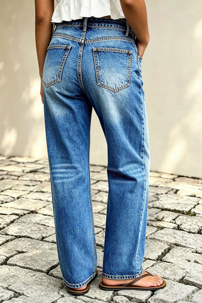 Wash Button Fly Mid Waist Straight Leg Jeans