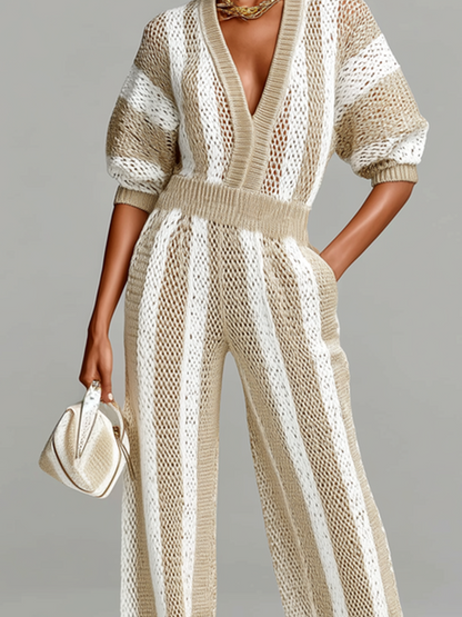 Stylish Elegant White-Beige Striped Mesh V-neck Short-Sleeve Loose-Fit Wide-Leg Ribbed Knit Jumpsuit