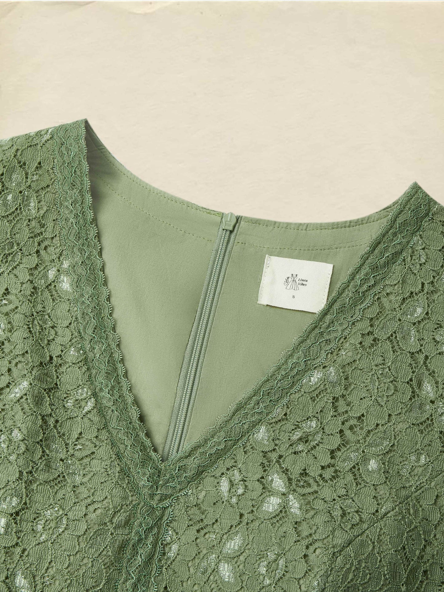 Robe Midi en Lin, Manches Courtes, Col V, Unie, Dentelle, Vintage, Vert Militaire