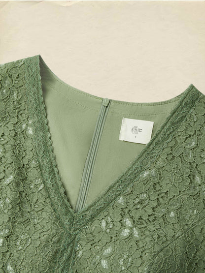 Robe Midi en Lin, Manches Courtes, Col V, Unie, Dentelle, Vintage, Vert Militaire
