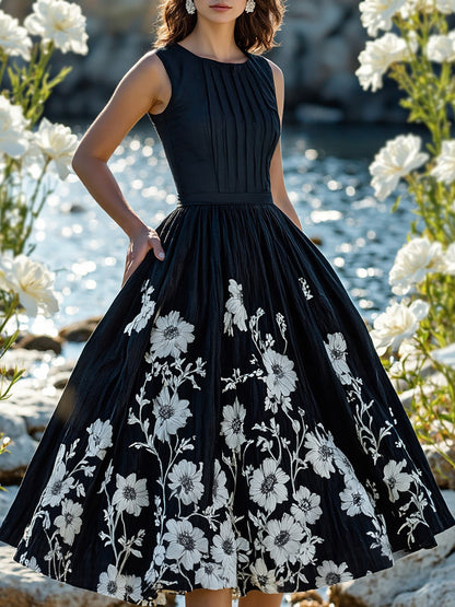 Robe Midi en Lin, Sans Manches, Col Rond, Imprimé Floral, Vacances, Style Vintage, Noire
