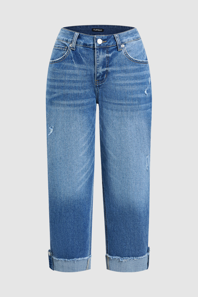Wash Button Tab Roll Hem Mid Waist Straight Leg Crop Jeans