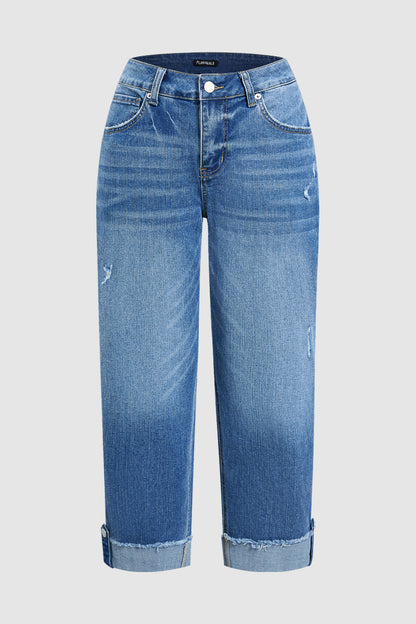 Wash Button Tab Roll Hem Mid Waist Straight Leg Crop Jeans