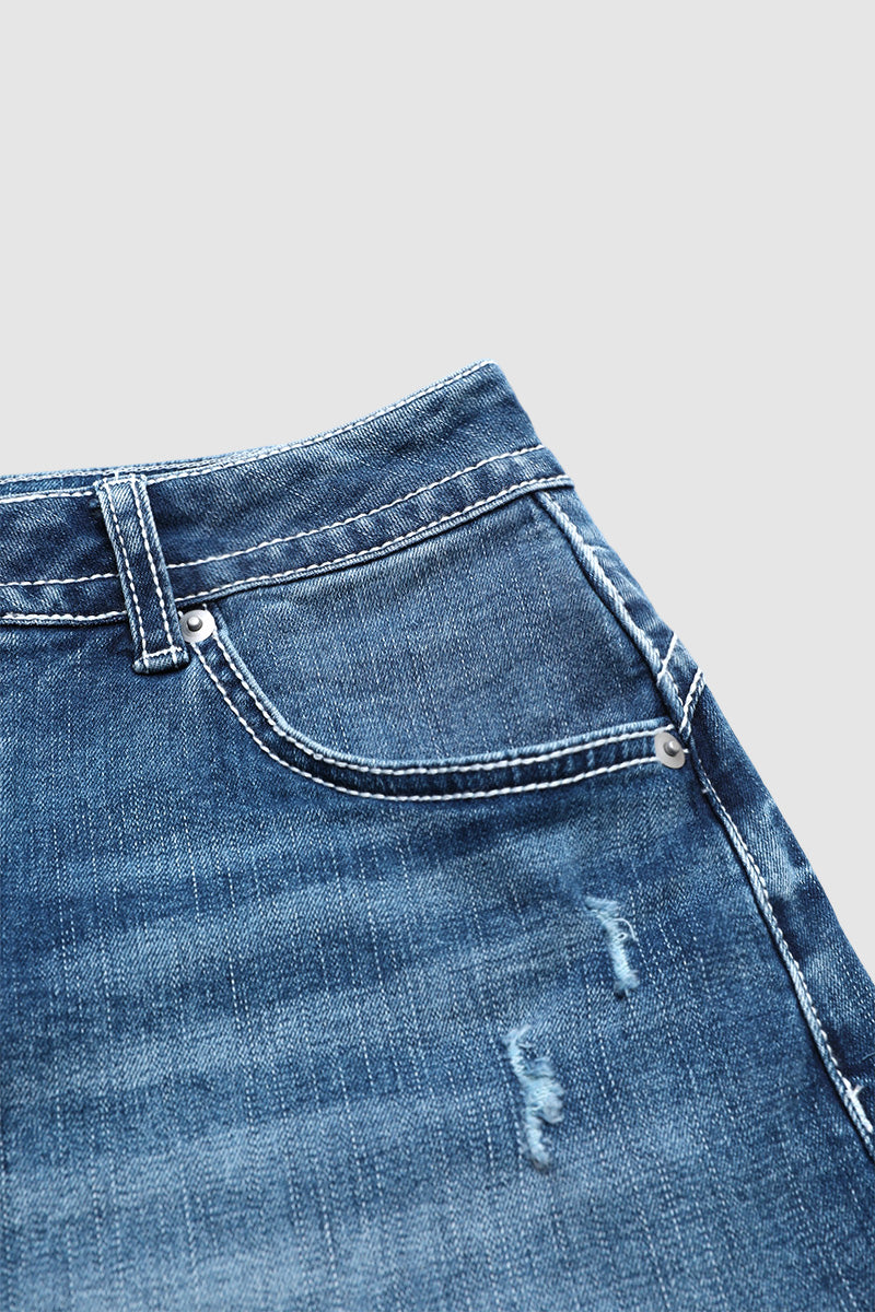 Raw Hem Embroidery Flap Decor Split Mid Waist Denim Shorts