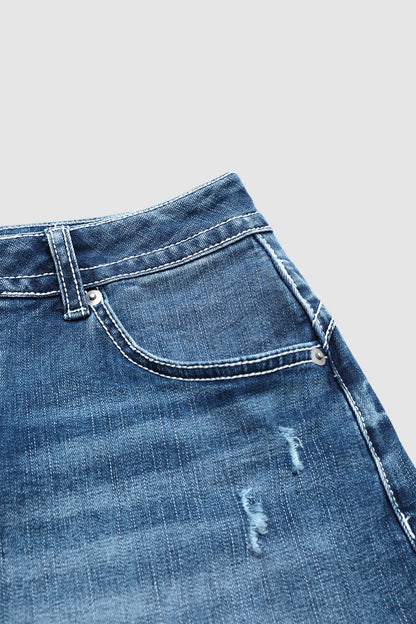 Raw Hem Embroidery Flap Decor Split Mid Waist Denim Shorts