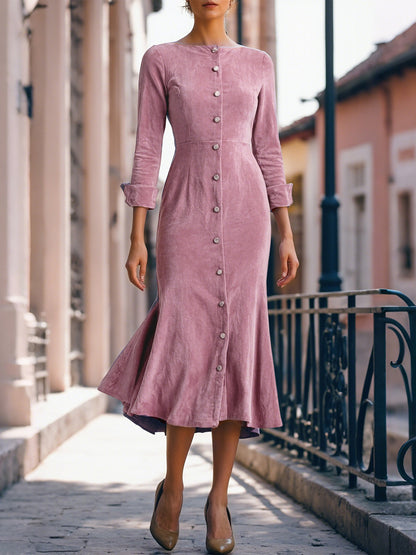 Robe midi en coton, manches courtes, col bateau, unie, boutonnée, vintage, rose