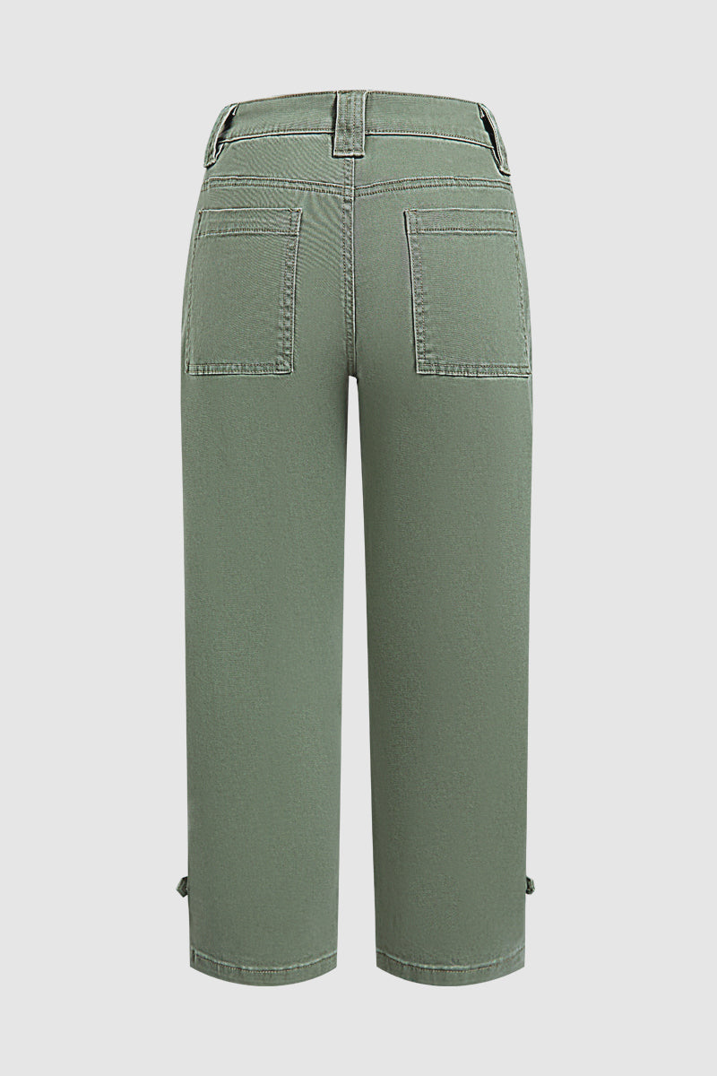 Solid Button Detail Mid Waist Straight Leg Cropped Pants Without Belt