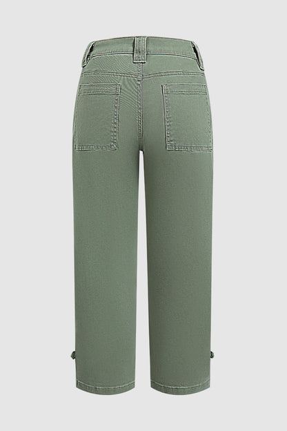 Solid Button Detail Mid Waist Straight Leg Cropped Pants Without Belt
