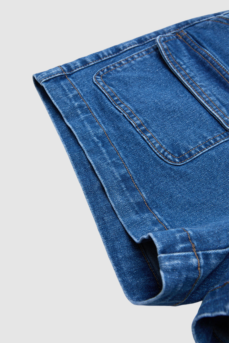 Wash Flap Pocket Mid Rise Denim Shorts