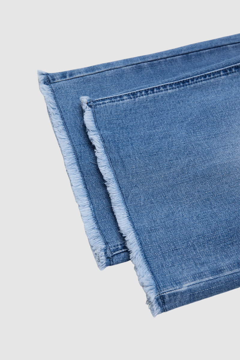 Wash Patch Pocket Raw Hem High Rise Straight Leg Capri Jeans
