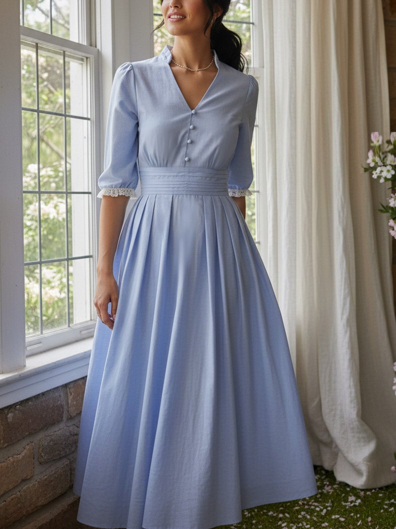 Robe midi en coton, demi-manches, col en V, unie, dentelle, vintage, bleue
