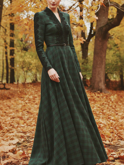 Robe longue en lin, manches longues, col en V, carreaux, dentelle, vintage, vert profond