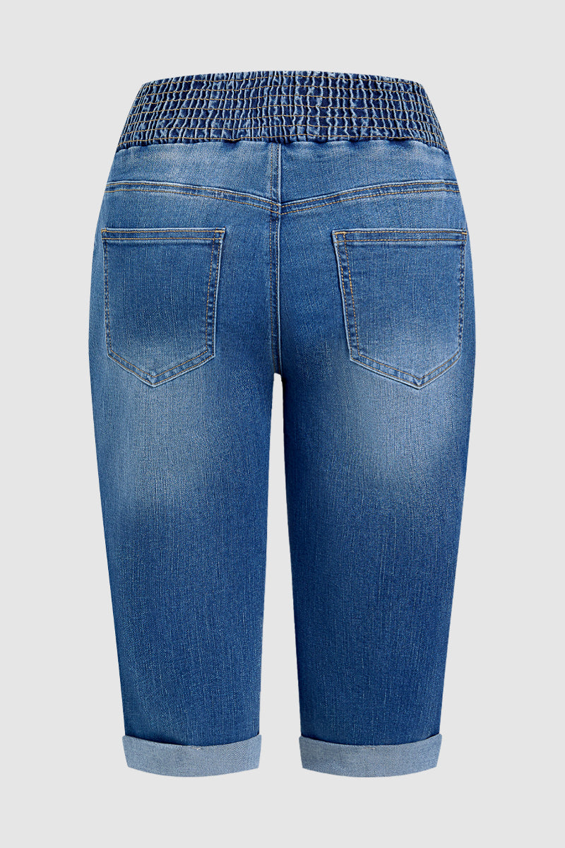 Drawstring Roll Hem Shirred Mid Waist Skinny Capri Jeans