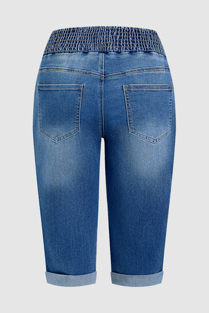Drawstring Roll Hem Shirred Mid Waist Skinny Capri Jeans