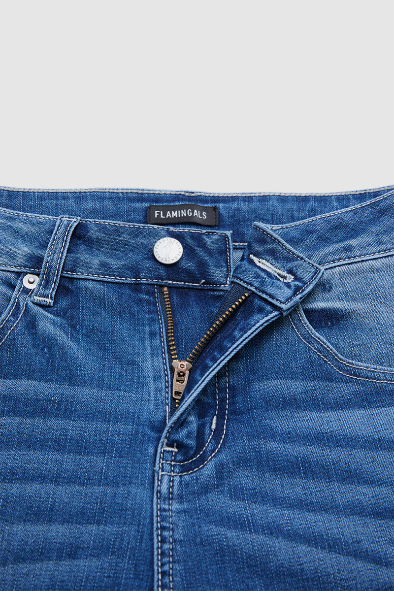 Stitch Detail Raw Hem Split Mid Waist Bootcut Jeans Without Belt