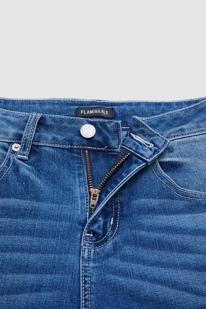 Stitch Detail Raw Hem Split Mid Waist Bootcut Jeans Without Belt