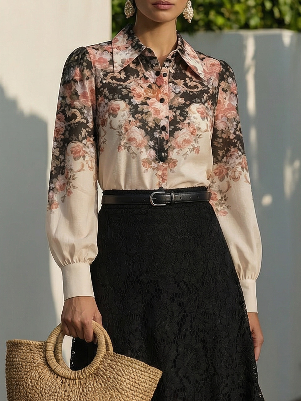 Chemise en coton, Manches longues, Col châle, Florale, Boutons, Vacances, Vintage, Abricot
