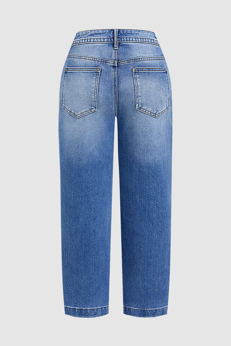 Stitch Detail Mid Waist Straight Leg Crop Jeans