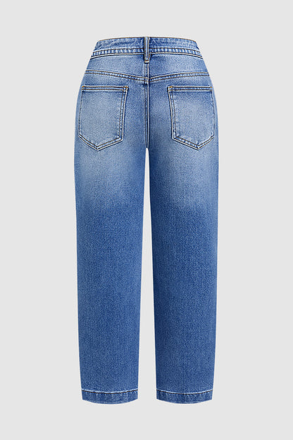 Stitch Detail Mid Waist Straight Leg Crop Jeans