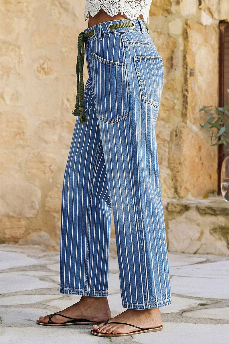 Pinstripe Drawstring Patched Pocket High Waist Straight Leg Crop Jeans