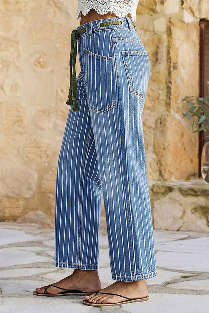 Pinstripe Drawstring Patched Pocket High Waist Straight Leg Crop Jeans