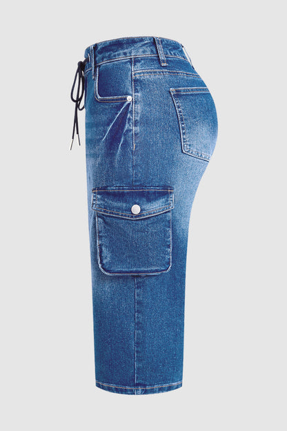 Wash Flap Pocket Drawstring Mid Rise Straight Leg Capri Jeans