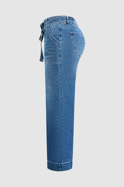 Wash Tie Belt Stitch Detail Mid Waist Wide Leg Jeans