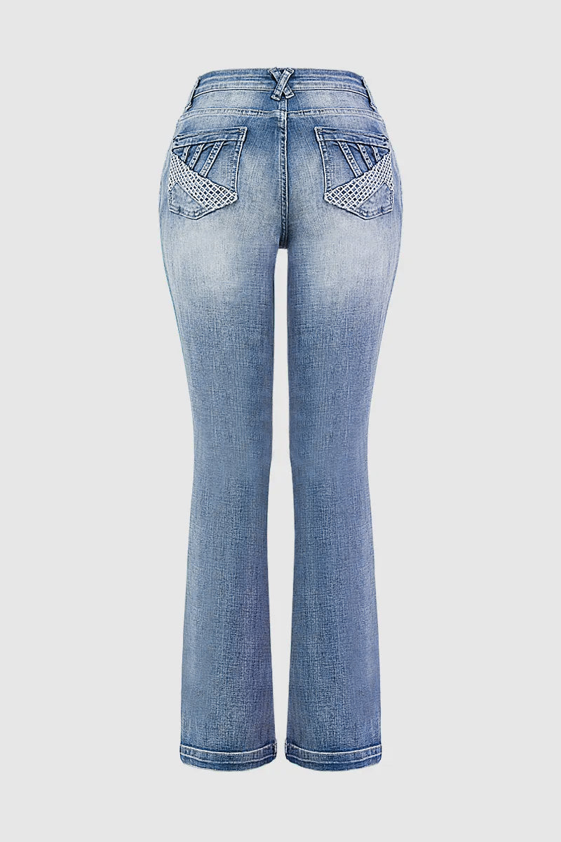 Embroidered Pocket Buttoned Hem Mid Waist Bootcut Jeans Without Belt
