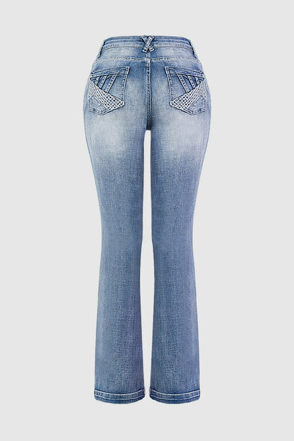 Embroidered Pocket Buttoned Hem Mid Waist Bootcut Jeans Without Belt