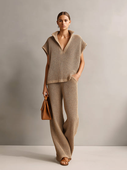 Chic Elegant Camel Stand Collar V-Neck Off-Shoulder Oversize Vest Beige Wide-Leg Pants Knit Two-Piece Set