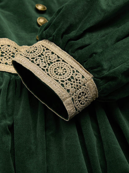 Robe longue en coton, manches longues, col carré, unie, dentelle, vintage, verte