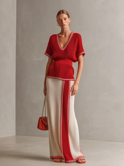 Chic Elegant Red-Beige Colorblock V-Neck Short-Sleeve Tailored-Waist Sweater Loose-Fit Maxi Skirt Ribbed Knit Two-Piece Set