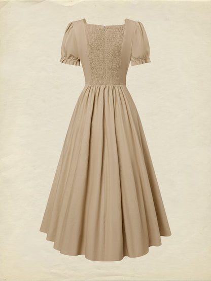 Robe longue en coton, manches courtes, col en V, unie, dentelle, style vintage français, marron