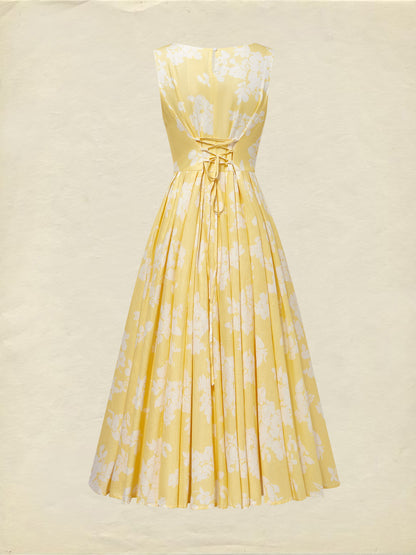 (TAILLE:TP-TTG) Robe Midi en Lin, Sans Manches, Mélange de Lin, Florale, Renaissance, Bleu Profond