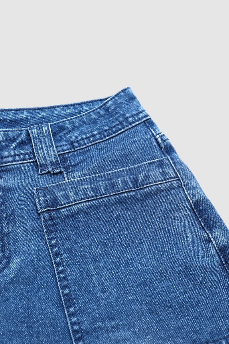 Wash Dual Button Stitch Detail Mid Waist Denim Bermuda Shorts