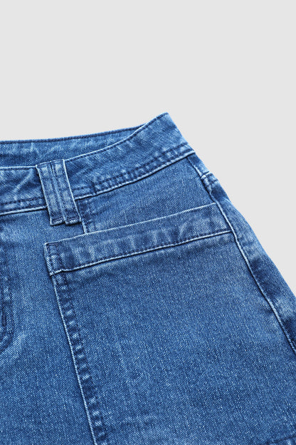 Wash Dual Button Stitch Detail Mid Waist Denim Bermuda Shorts