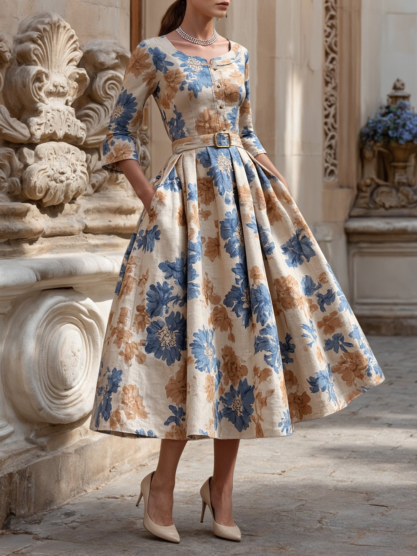 Robe Midi en Coton, Manches Mi-Longues, Col Rond, Imprimé Floral, Ceinture, Vintage, Kaki