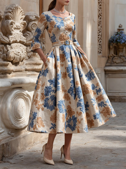 Robe Midi en Coton, Manches Mi-Longues, Col Rond, Imprimé Floral, Ceinture, Vintage, Kaki