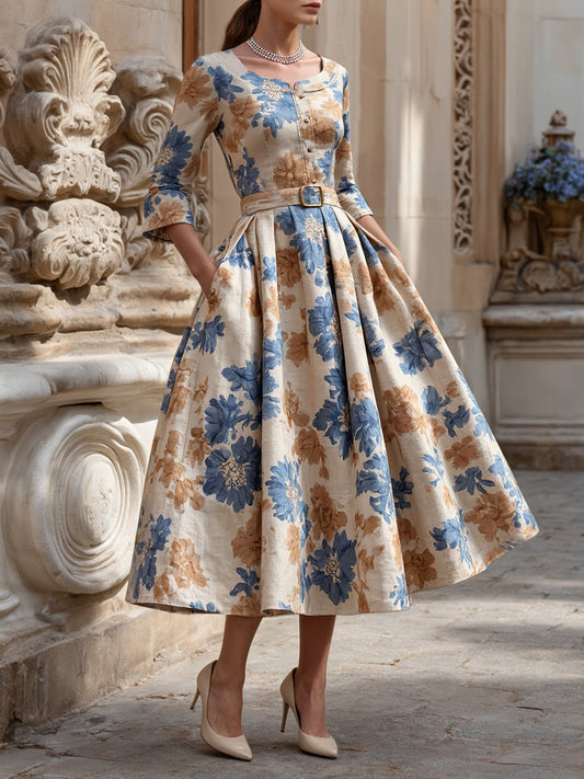 Robe Midi en Coton, Manches Mi-Longues, Col Rond, Imprimé Floral, Ceinture, Vintage, Kaki