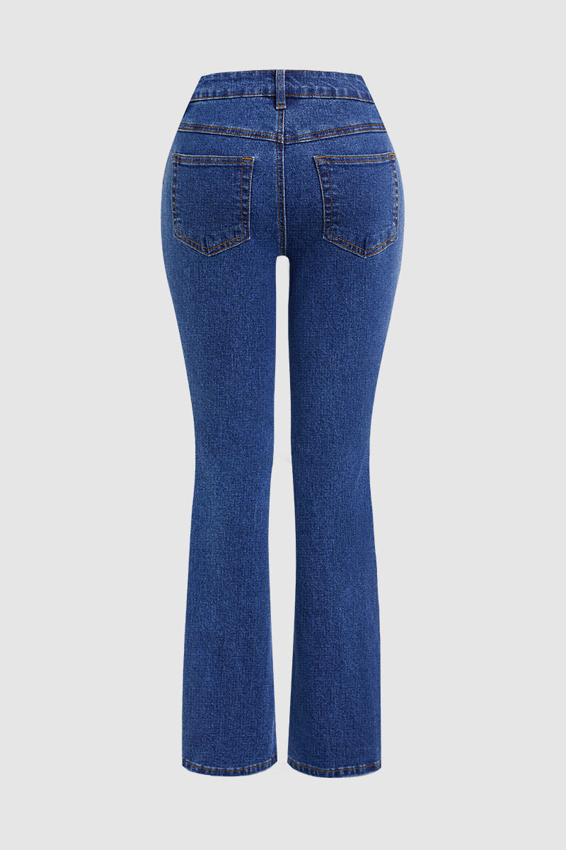 Wash Stitch Detail Button Up High Rise Bootcut Jeans