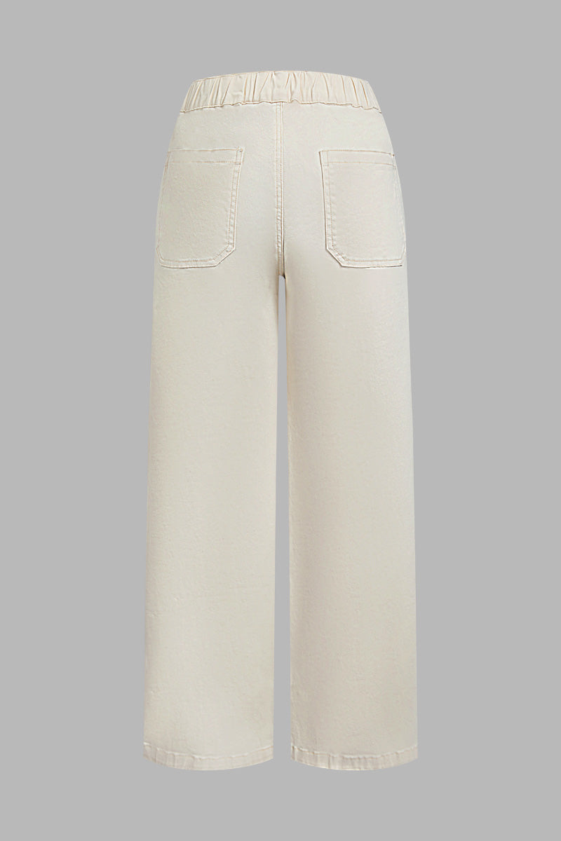 Solid Flap Pocket Drawstring Mid Waist Wide Leg Cargo Pants