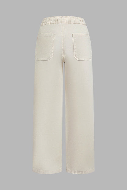 Solid Flap Pocket Drawstring Mid Waist Wide Leg Cargo Pants