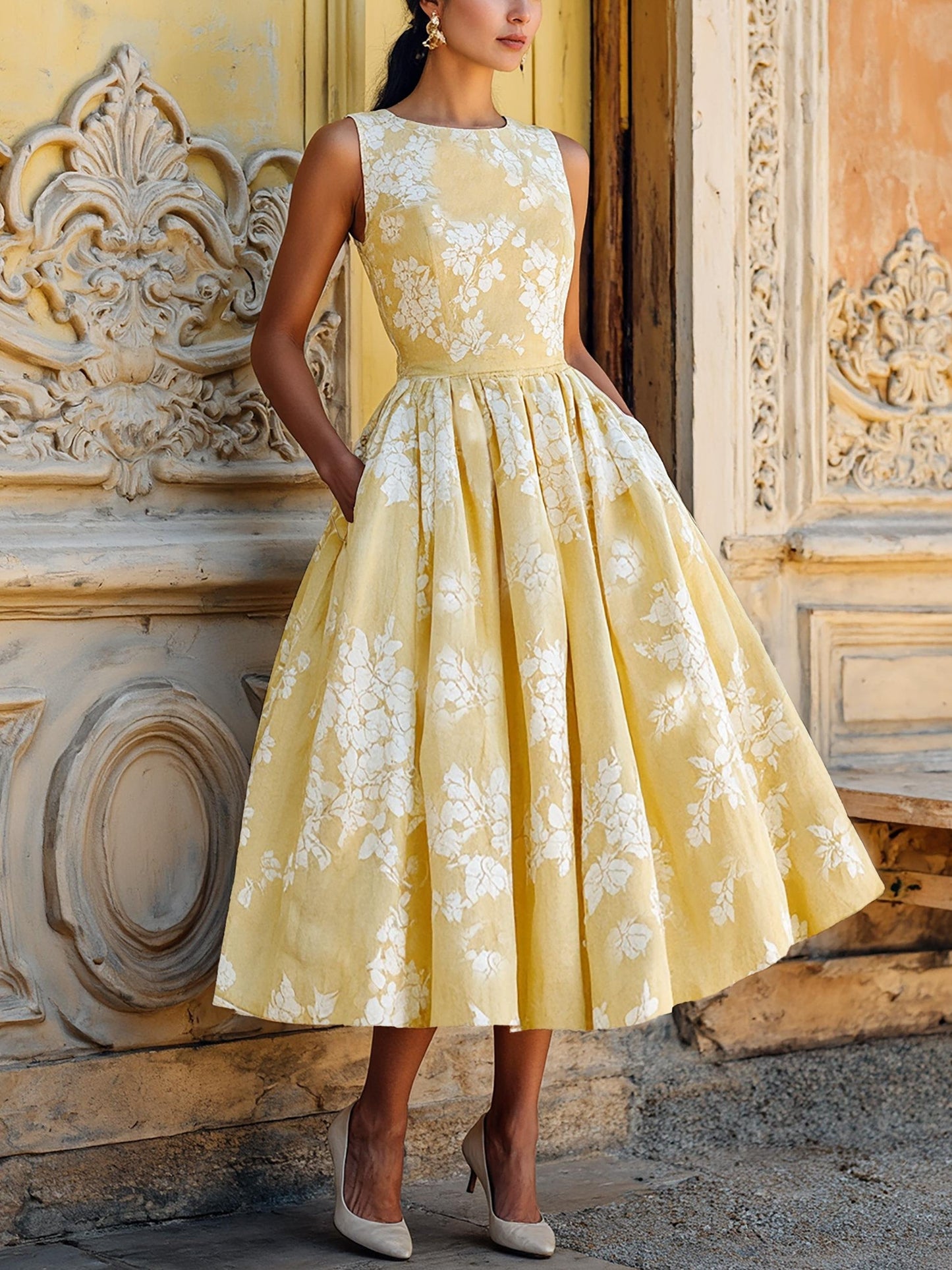 (TAILLES:TP-XXL) Robe Midi en Lin, Sans Manches, Mélange de Lin, Imprimé Floral, Renaissance