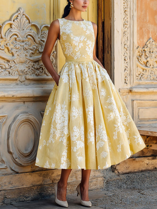 (TAILLES:TP-XXL) Robe Midi en Lin, Sans Manches, Mélange de Lin, Imprimé Floral, Renaissance