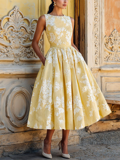 (TAILLE:TP-TTG) Robe Midi en Lin, Sans Manches, Mélange de Lin, Florale, Renaissance, Bleu Profond