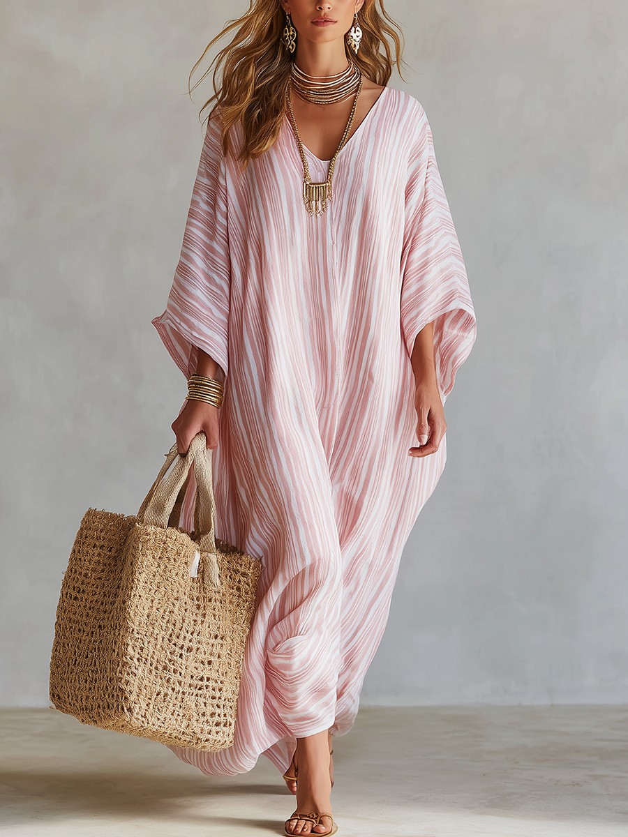 Robe Kaftan Rayée Rose Pâle Style Bohème