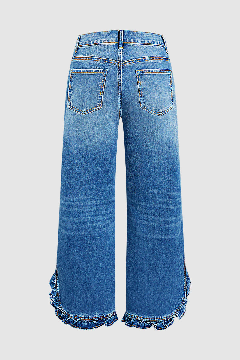 Wash Ruffle Trim Split Hem Mid Rise Wide Leg Jeans