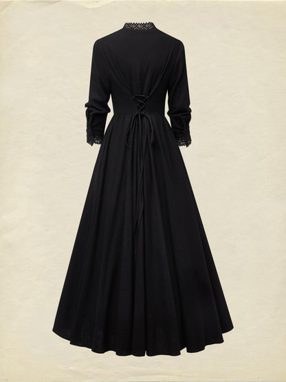 Robe longue en lin, Manches mi-longues, Col en V, Unie, Boutonnée, Style vintage, Noire