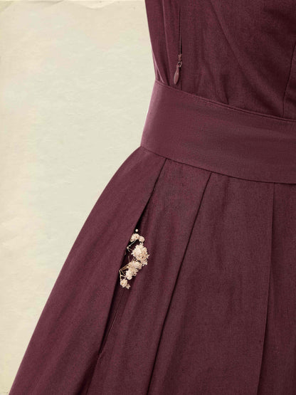 Robe Midi en Coton, Manches Longues, Une Épaule, Unie, Ceinturée, Vintage Français, CAMEO BROWN