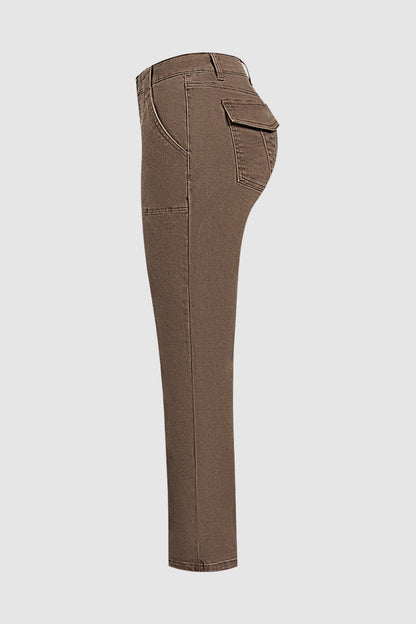 Solid Flap Pocket Mid Waist Straight Leg Pants